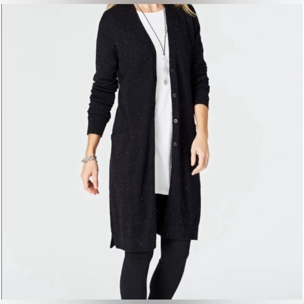J.Jill Longline Cardigan W/Front Pockets Black Speckle Size Large Petite Cozy